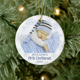 Baby Boy First Kerstfoto Blue Snowflake Name Keramisch Ornament
