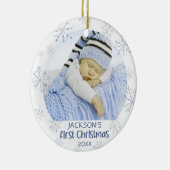 Baby Boy First Kerstfoto Blue Snowflake Name Keramisch Ornament (Rechts)