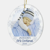 Baby Boy First Kerstfoto Blue Snowflake Name Keramisch Ornament (Links)