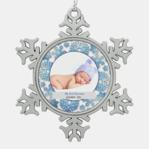 Baby Boy First Kerstfoto Tin Sneeuwvlok Ornament