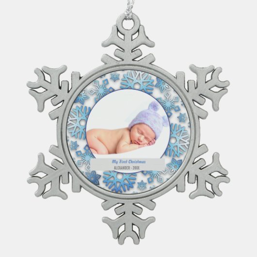 Baby Boy First Kerstfoto Tin Sneeuwvlok Ornament (Voorkant)