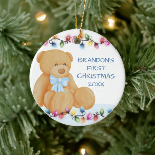 Baby Boy First Kerstlampjes Teddy Bear Foto Keramisch Ornament