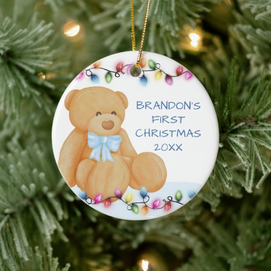 Baby Boy First Kerstlampjes Teddy Bear Foto Keramisch Ornament (Boom)