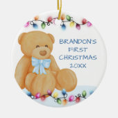 Baby Boy First Kerstlampjes Teddy Bear Foto Keramisch Ornament (Voorkant)