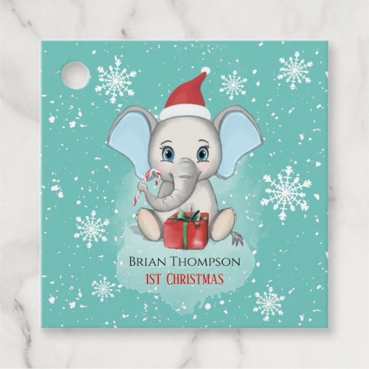 Baby Boy First Kerstmis Elephant Feestdagen Bedankjes Labels (Voorkant)
