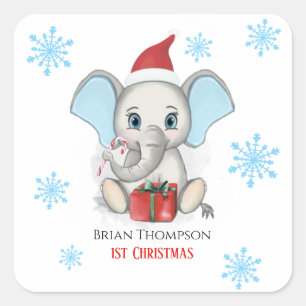 Baby Boy First Kerstmis Elephant Feestdagen Vierkante Sticker