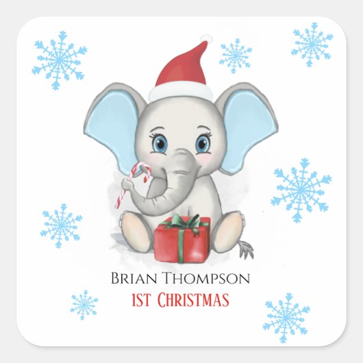 Baby Boy First Kerstmis Elephant Feestdagen Vierkante Sticker (Voorkant)
