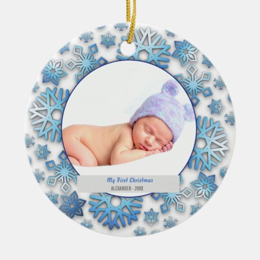 Baby Boy First Kerstmis Foto Snowflakes Keramisch Ornament (Voorkant)