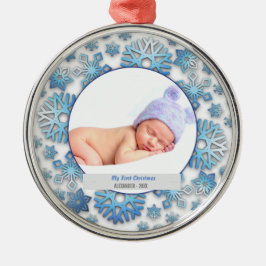 Baby Boy First Kerstmis Foto Snowflakes Metalen Ornament