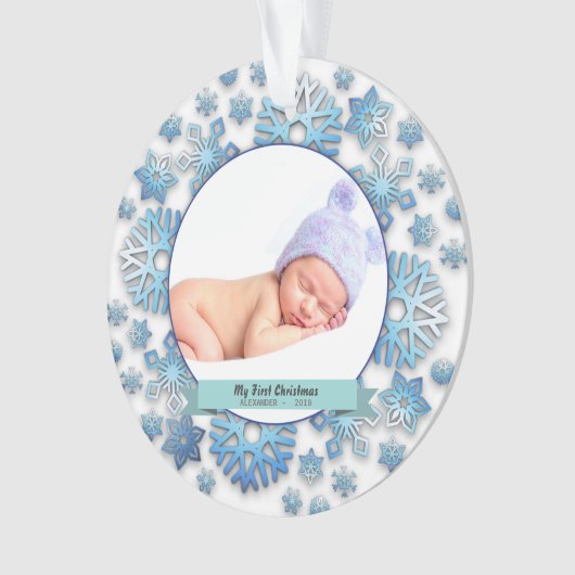 Baby Boy First Kerstmis Foto Snowflakes Ornament (voorkant)