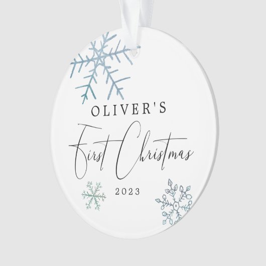 Baby Boy First Kerstmis Modern Script Photo Ornament (voorkant)