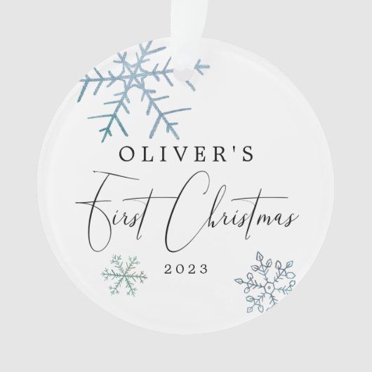 Baby Boy First Kerstmis Modern Script Photo Ornament (voorkant)