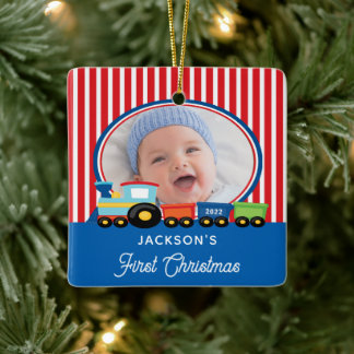 Baby Boy First Kersttrein Foto: Keramisch Ornam Keramisch Ornament