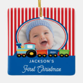 Baby Boy First Kersttrein Foto: Keramisch Ornam Keramisch Ornament (Voorkant)