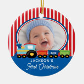 Baby Boy First Kersttrein Foto Keramisch Ornament (Voorkant)