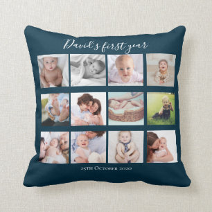 Baby Boy First Year Foto Collage Gift Navy Blue Kussen