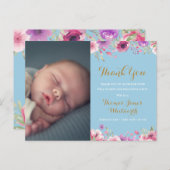 Baby Boy Floral Script Foto Dank je geboorte Aankondigingskaart (Voorkant / Achterkant)