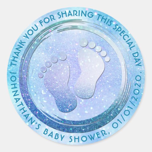 Baby Boy Footprint Glitterende Baby shower Favor Ronde Sticker (Voorkant)