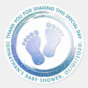 Baby Boy Footprint Glittering Baby shower Favor Ronde Sticker