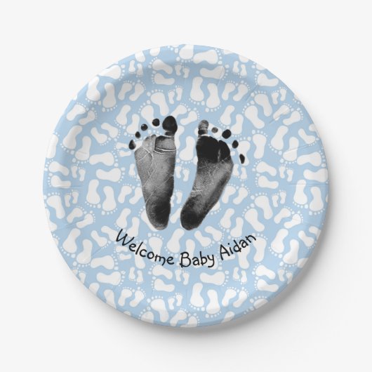 Baby Boy Footprint op Blue Papieren Bordje (Voorkant)