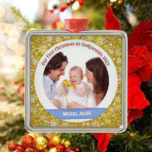 Baby Boy Foto 1e Kerstmis als peetouders Golden Metalen Ornament