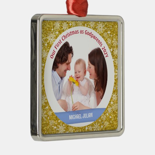 Baby Boy Foto 1e Kerstmis als peetouders Golden Metalen Ornament (Rechts)