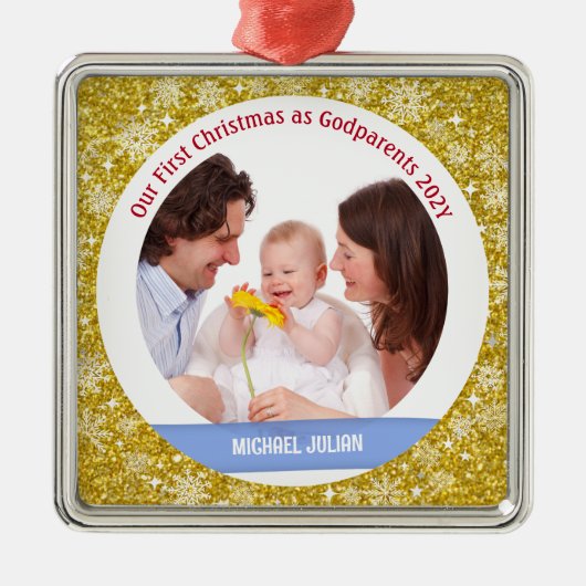 Baby Boy Foto 1e Kerstmis als peetouders Golden Metalen Ornament (Voorkant)