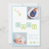 Baby Boy Foto ABC Blokken Blue Newborn Birth Aankondiging (Voorkant)