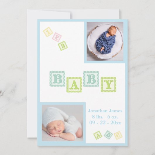 Baby Boy Foto ABC Blokken Blue Newborn Birth Aankondiging (Voorkant)