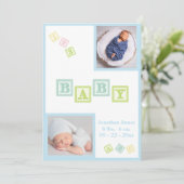 Baby Boy Foto ABC Blokken Blue Newborn Birth Aankondiging (Staand voorkant)