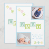 Baby Boy Foto ABC Blokken Blue Newborn Birth Aankondiging (Voorkant / Achterkant)
