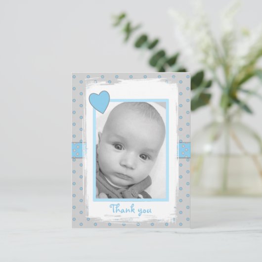 Baby boy foto bedankt voor cadeau blauw en grijs briefkaart (Staand voorkant)
