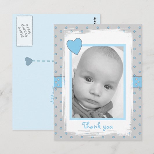 Baby boy foto bedankt voor cadeau blauw en grijs briefkaart (Voorkant / Achterkant)