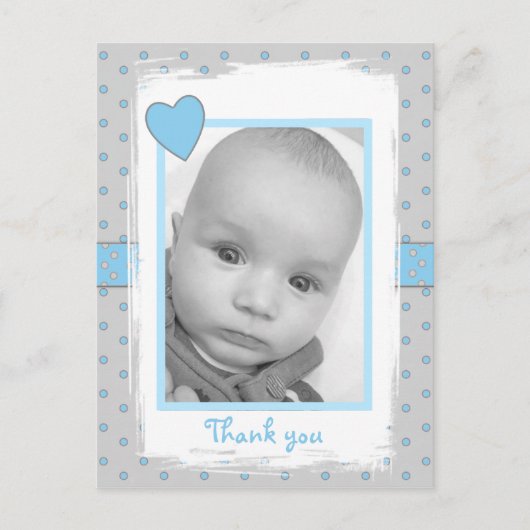 Baby boy foto bedankt voor cadeau blauw en grijs briefkaart (Voorkant)