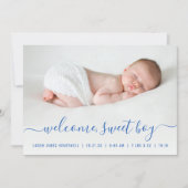 Baby Boy Foto Blauw Script Harten Geboorte Aankondiging (Voorkant)