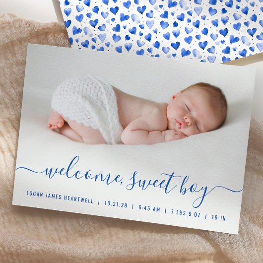 Baby Boy Foto Blauw Script Harten Geboorte Aankondiging