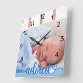 Baby Boy Foto Blue Adored Calligraphy Nursery Vierkante Klok (Hoek)