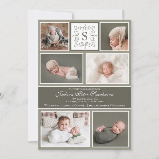 Baby Boy Foto Collage Olive Green Monogram Birth Aankondiging (Voorkant)