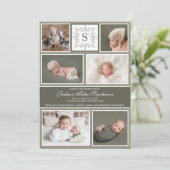 Baby Boy Foto Collage Olive Green Monogram Birth Aankondiging (Staand voorkant)