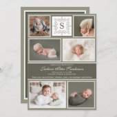 Baby Boy Foto Collage Olive Green Monogram Birth Aankondiging (Voorkant / Achterkant)
