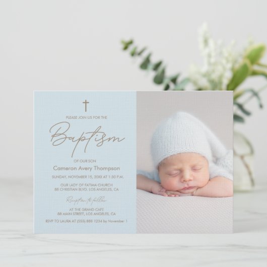 Baby Boy Foto Doop Elegant Modern Doopsel Kaart (Staand voorkant)