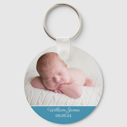 Baby Boy Foto Elegant Blue Birth Announding Sleutelhanger (Voorkant)