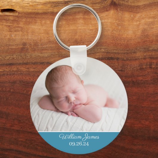 Baby Boy Foto Elegant Blue Birth Announding Sleutelhanger (Voorkant)