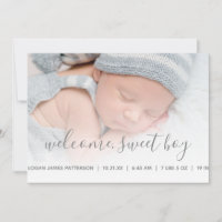 Baby Boy Foto Geboorteaankondiging Grijs Quatrefoi