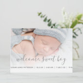 Baby Boy Foto geboortedatum Grijze Quatrefoil Aankondiging (Staand voorkant)