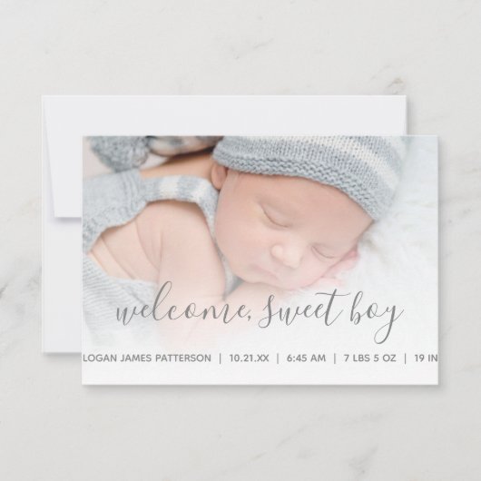 Baby Boy Foto Gray Quatrefoil Birth Aankondiging (Voorkant)