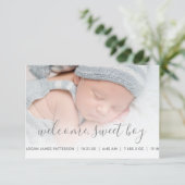 Baby Boy Foto Gray Quatrefoil Birth Aankondiging (Staand voorkant)