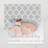 Baby Boy Foto Gray Quatrefoil Birth Aankondiging (Voorkant / Achterkant)