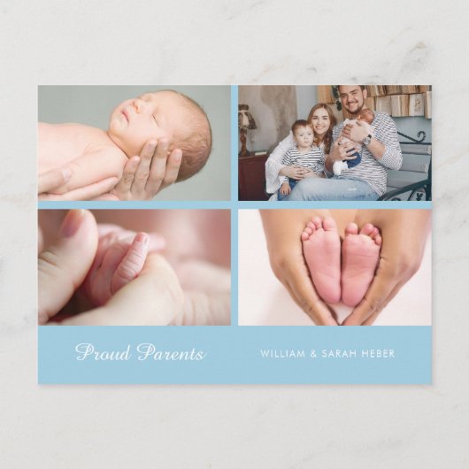 Baby Boy Foto Modern Elegant Script Blauw Geboorte Aankondigingskaart (Achterkant)