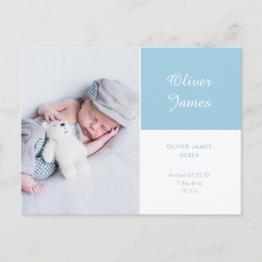 Baby Boy Foto Modern Elegant Script Blauw Geboorte Aankondigingskaart (Voorkant)